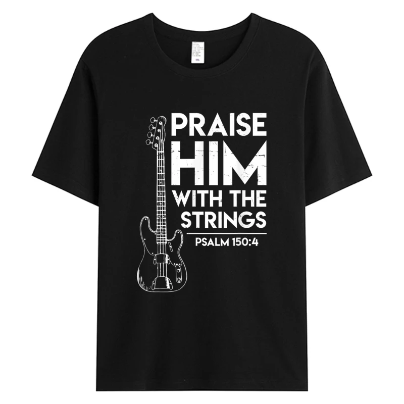

Praise Him Christian Worship Bass Guitar Player Men's Cotton Fabric Tshirt Graphic T-Shirt Short Sleeve Crew Neck Tee Shirts