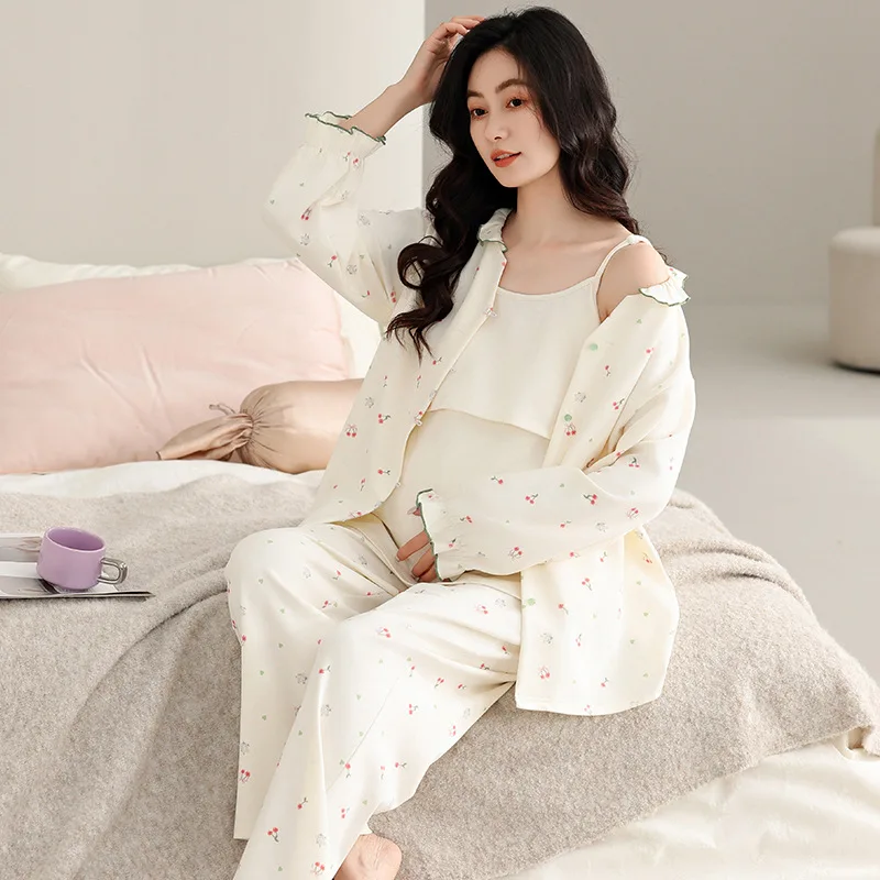 100% хлопок, тонкая легкая марля, комплекты одежды для сна для беременных и кормящих мам, халат с точечным принтом, пижамный костюм, одежда для беременных женщин, беременность