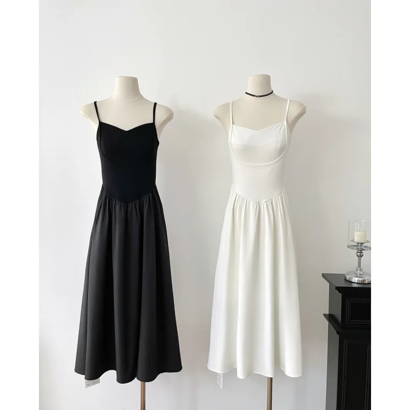 

Art Black Women's Skirt Long Skirt Summer 2024 Camisole A-line Suspender Skirt Splicing White Sleeveless Elegant Ball Dress