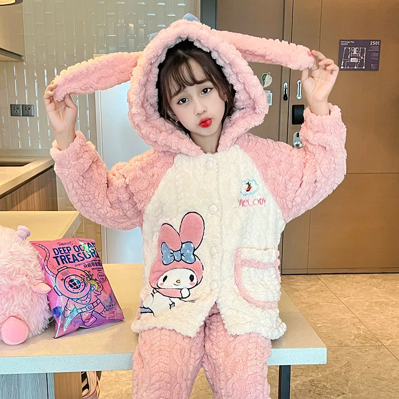 2023 Sanrios Cinnamoroll Kuromi My Melody Children\'s Winter Cute Plush Pajamas Anime Flannel Sleepwear Boy Girl Set Home Clothes