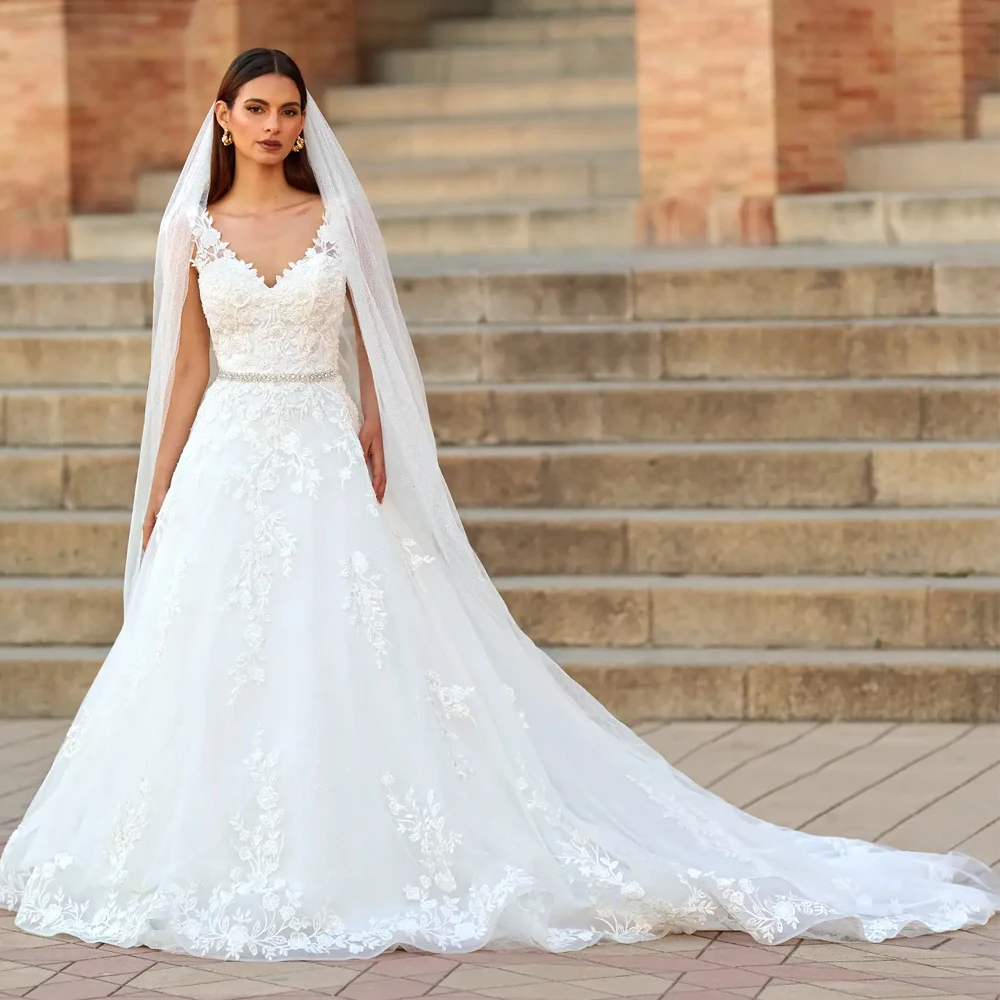 Simple Wide Strap Deep V Neck Wedding Dresses Applique Lace A Line Bridal Grown Customized Open Back Illusion Vestidos De Novia