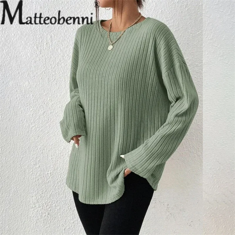 Elegant Pit-stripe Round Neck Pullover Jumpers Women Solid Color Loose Sweater Female Autumn Winter Commuter Casual Knitwear New