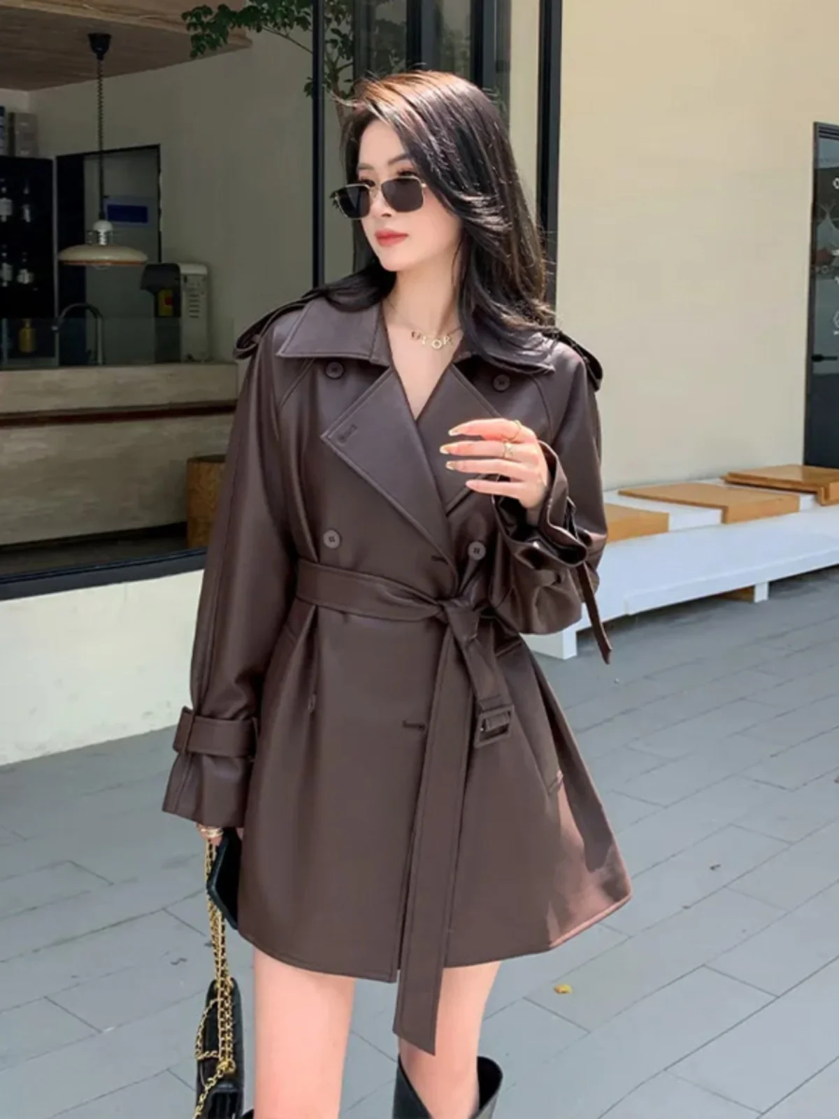 

Brown Leather Jacket Women's Fashion Small Size Leather Jacket Autumn Windbreaker Outerwear High-End Feel Commute Style Slim Fit