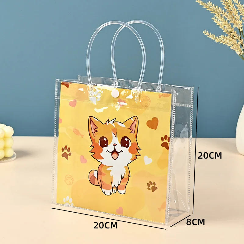 Transparent Handbag Cartoon Light Orange White Kitten Printing Cute Animal Pattern Gift Bag with Snap Button Party Packaging
