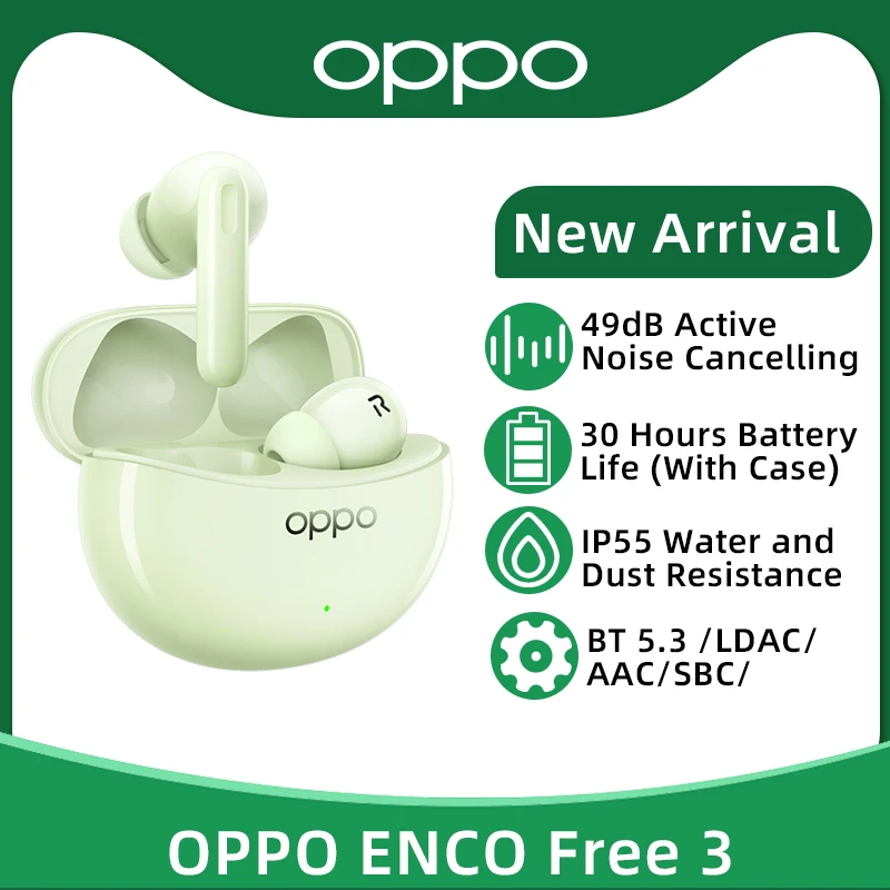 OPPO Enco Free 3 TWS Earphone Wirelss Bluetooth 5.3 Earbuds 49dB Active Noise Cancelling HiFi Quality LDAC For OPPO Find X6 Pro