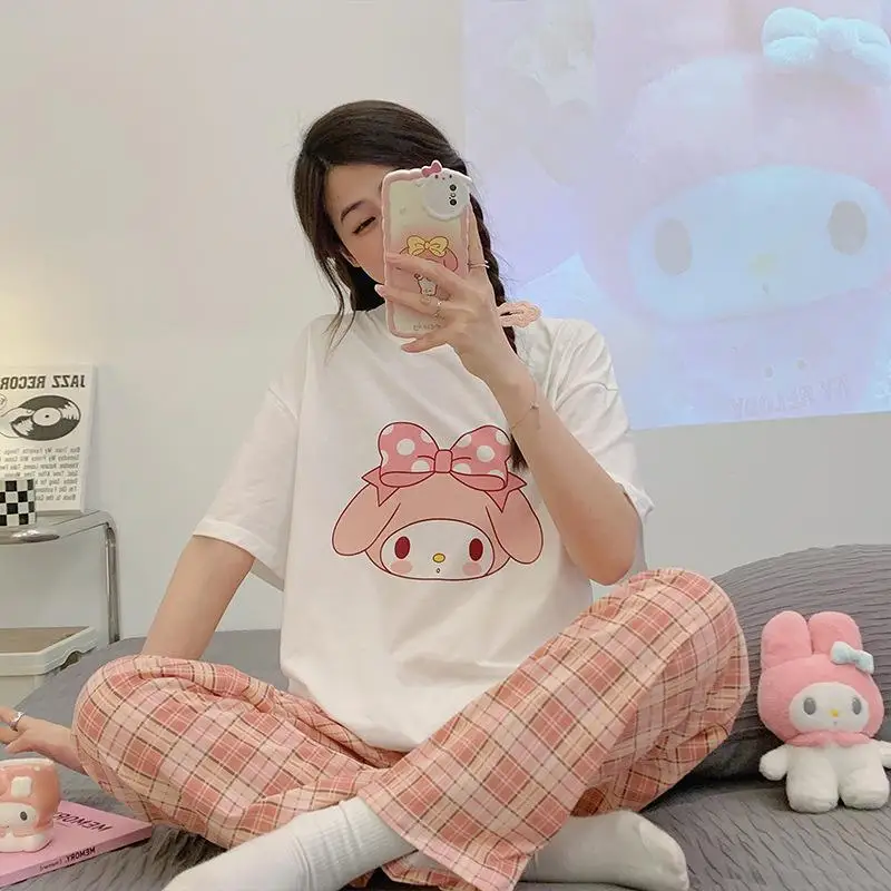 Pajama Set Hello Kitty Kuromi Melody Sanrio Spring and Autumn Women's Loose Round Neck Cute Home Clothes Simple Casual Two-piece