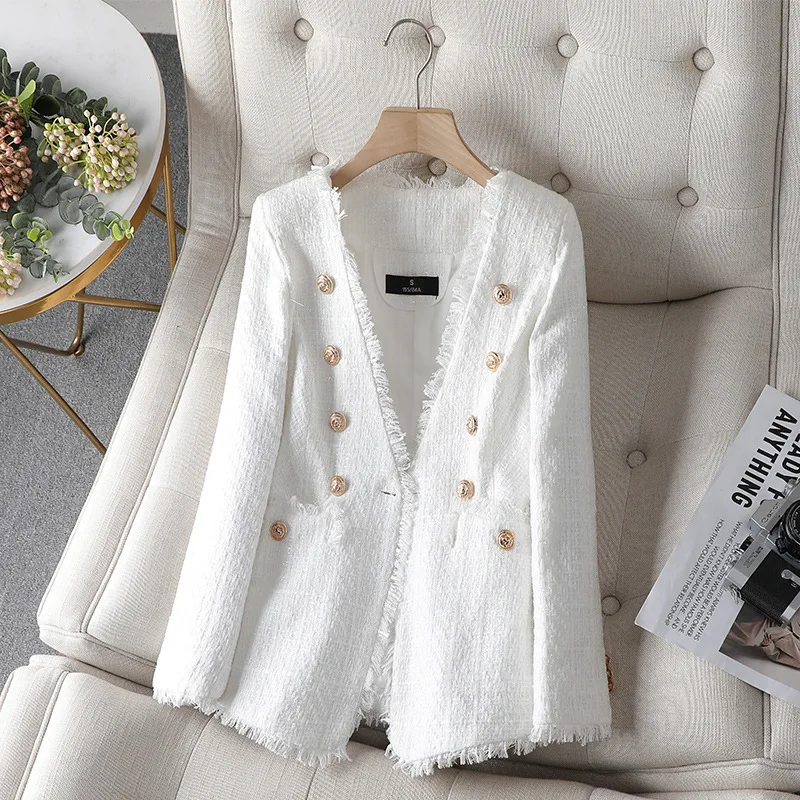 

Women Blazer Jacket Double Breasted V-Neck With Tassel Solid Office Ladies Suit Coat Fashion Elegant Slim Female Outerwear