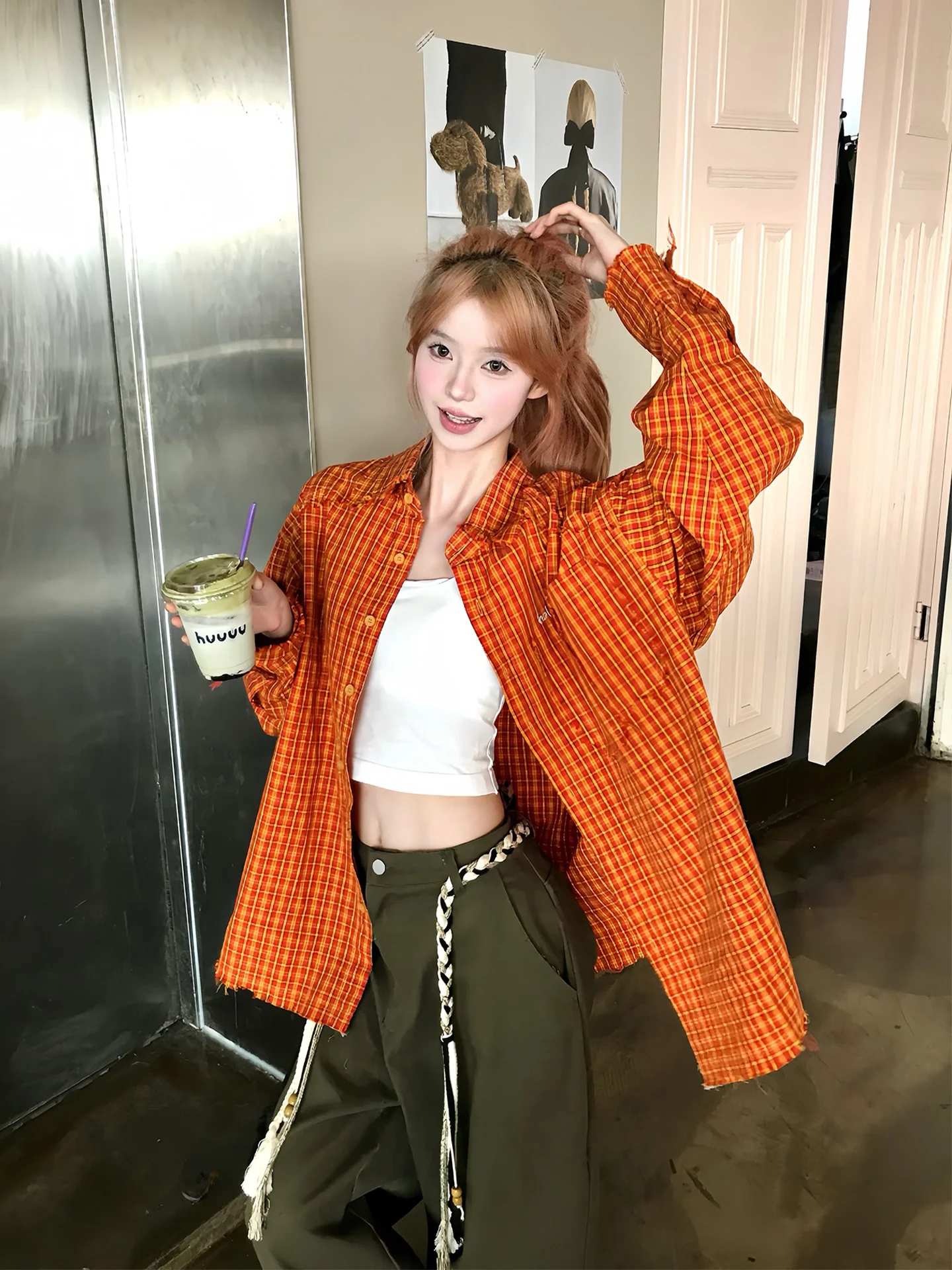 

Dopne Orange Plaid irt Women's Long Sve Retro American Sle Couple's Outerwear Cleanfit Casual irt Cotton Polyester