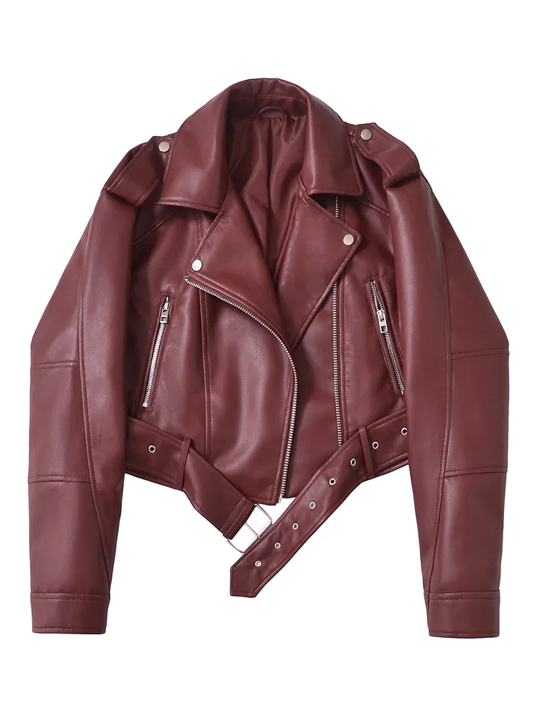 New Streetwear Women Loose Short Pu Faux Leather Jacket Moto Biker Female Belt Zipper Coat Outwear 2025