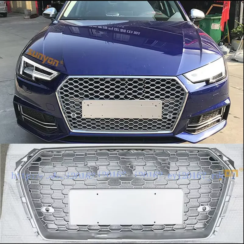 RS4 style Honeycomb Silver Grill Grille For Audi A4 S4 B9 2017 17 2018 18 2019 19 Chorme Trim Rings