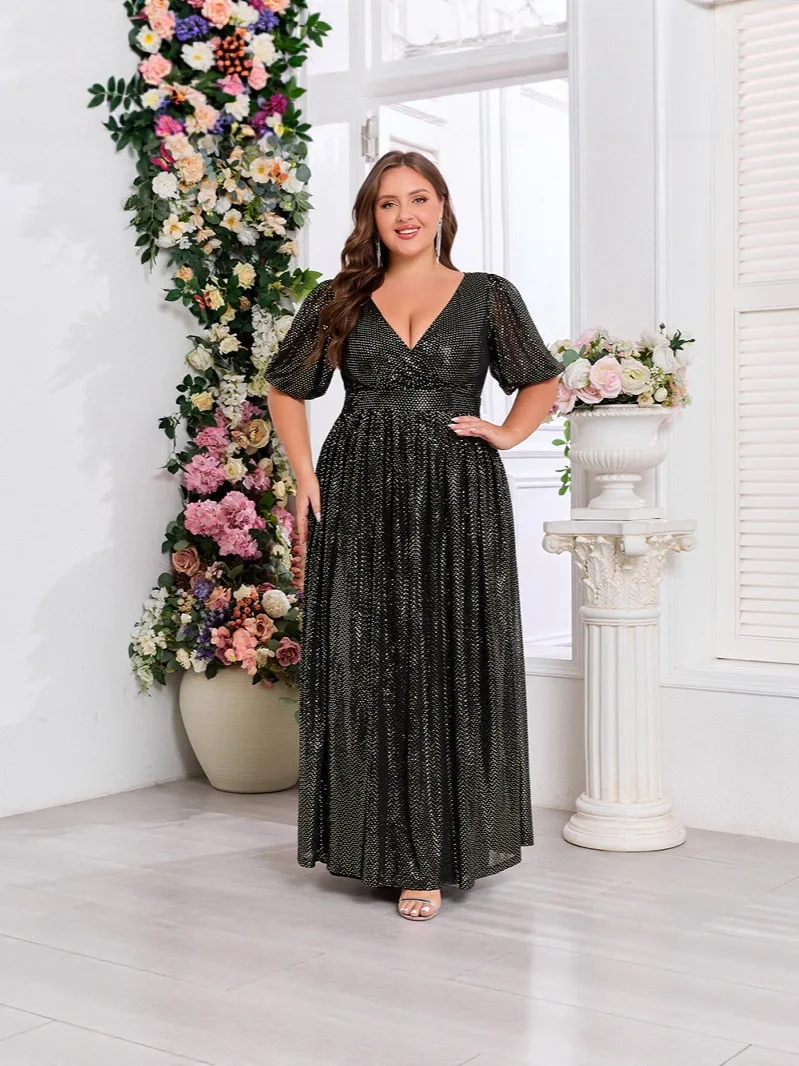 BKQU 우아한 플러스 사이즈 반짝이는 브이넥 스플라이스 반소매 이브닝 가운 드레스 A-리스트 완전 안감 처리된 뒷면 지퍼 파티 드레스