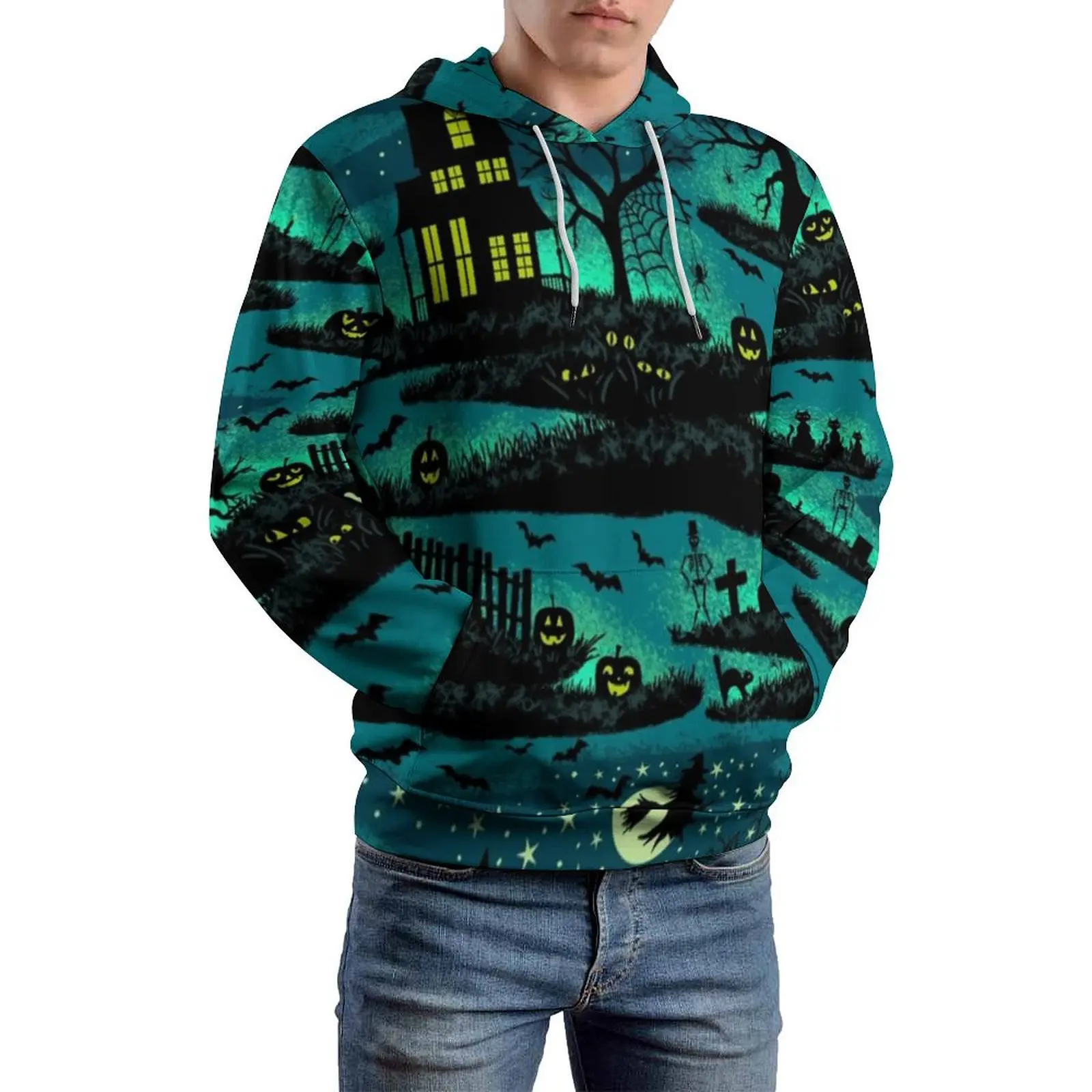 Black Cat Loose Hoodies Magical Halloween Night Aesthetic Hoodie Men Long-Sleeve Oversized Street Wear Graphic Sweatshirts