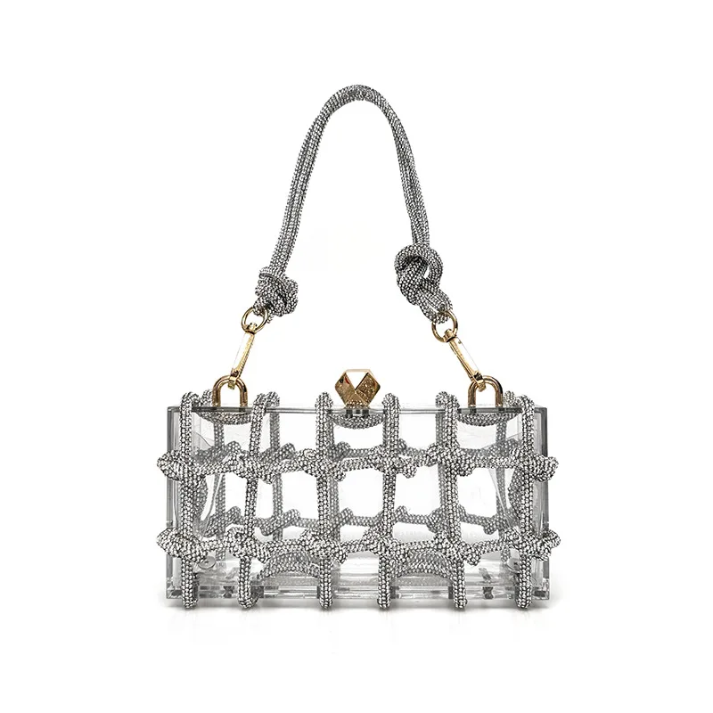 

Shiny Transparent Box Diamond Handwoven Women's Handheld Purses and Handbags Luxury Designer Rhinestone Gold Clutch Bags