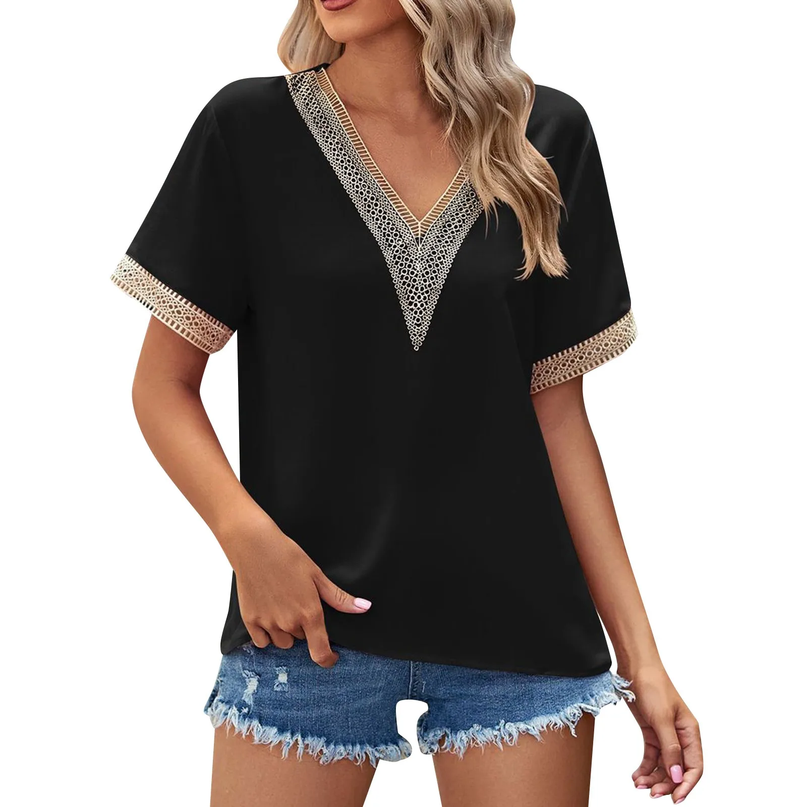 

Women's T Shirt Fashion Casual Summer Solid Color V Neck Gold Lace Stitching Graphic Tees Short Sleeve Loose Harajuku Top 4