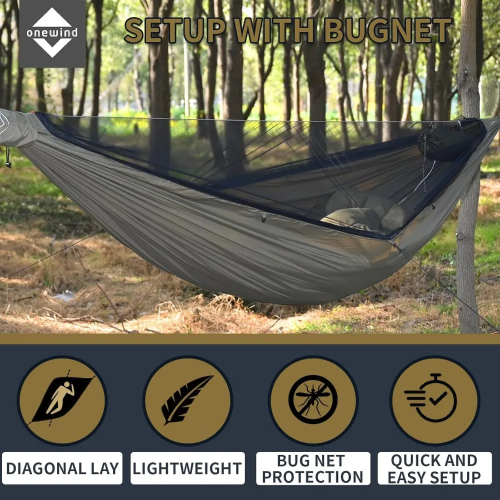 Portable Camping Hammock with Mosquito Net, Windsock & Tree Straps for Winter Hiking Backpacking in OD Green