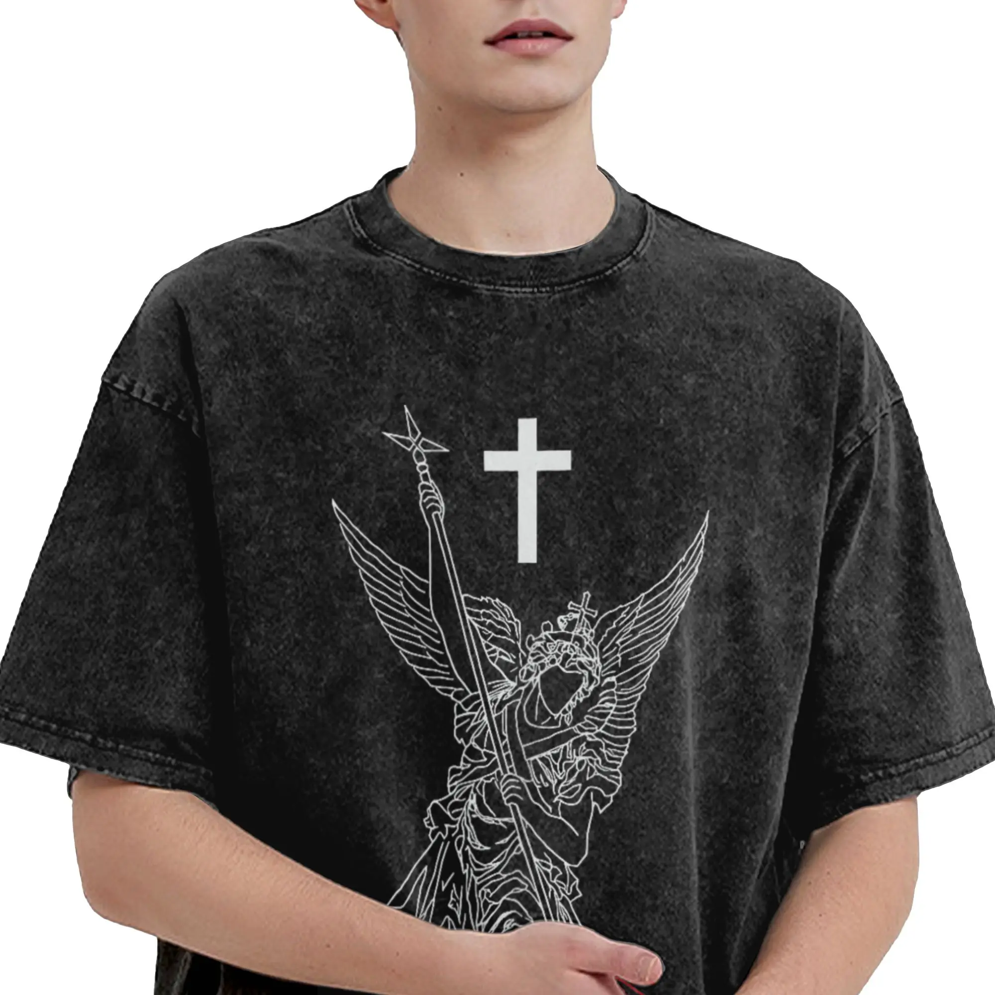 Saint Michael The Archangel Defeating Satan Warrior Faith T-Shirt  Hippie T-Shirts Short Sleeves Aesthetic Tops Cotton Clothes view 4