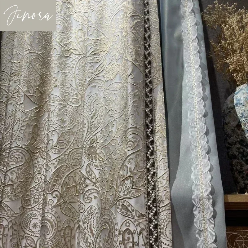 

American Light Luxury Retro Off-white Platinum Curtains for Living Room Bedroom Villa Flower Baroque High-end Fabric Customized