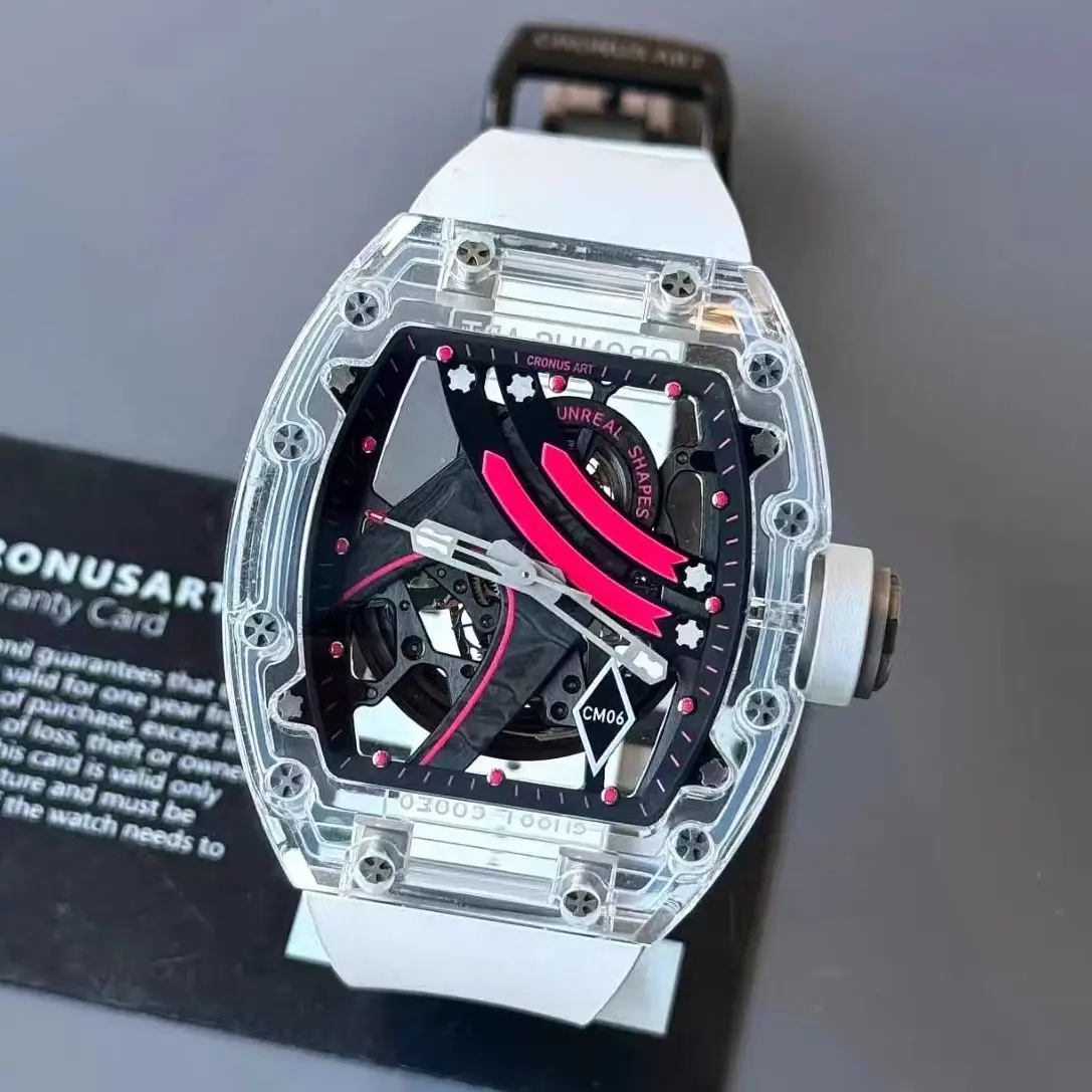 CRONUSART Men Automatic Watch 50mm Tonneau Mechanical Wristwatch Acrylic Case Luminous Skeleton Rainbow Dial FKM Strap