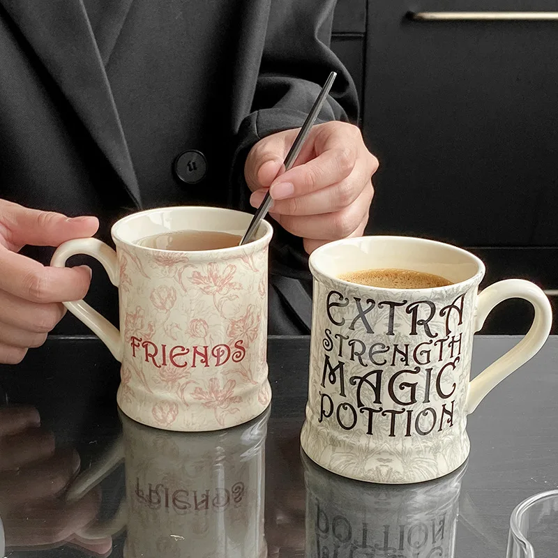French Cream Letter Design Mug Office Coffee Cup Gift Ceramic Cup with Stylish Pattern