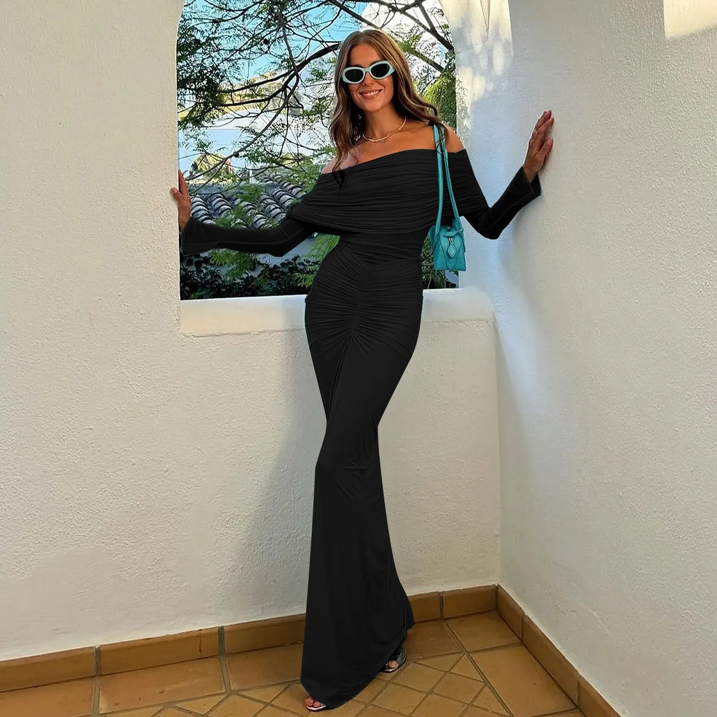 JY24475 Off-Shoulder Mesh Verzameld Voor Vrouwen Socialite Stijl Modieuze Elegante Sexy Iets Sheer Slim Fit Lange Jurk