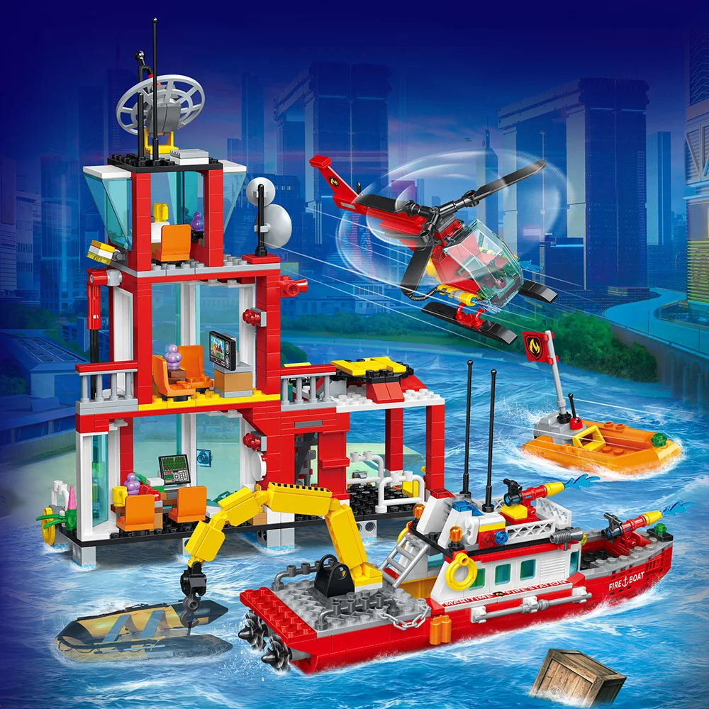 City Fire Station Building Blocks Set Marine Fire Department,Including Fire Station, Boats, Helicopter, Compatible with Legoed image 4