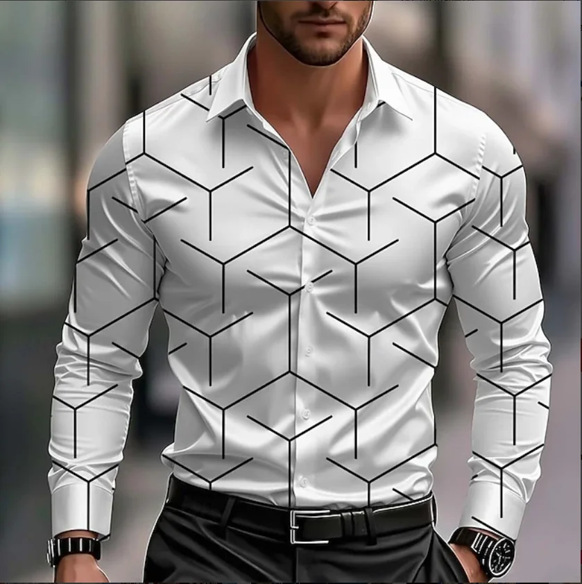 New casual men's button up shirt long sleeved 3D line printed origin pattern high-quality men's lapel shirt top