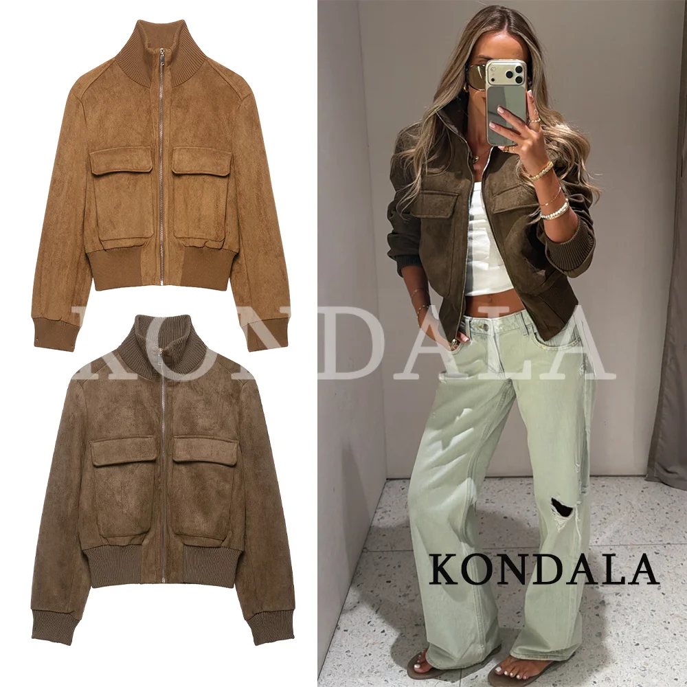 KONDALA Women Chic Vintage Faux Suede Jacket Stand-Collar Zip-up Field Jacket 2026 Fall Trendy Streetwear Pockets Short Jackets