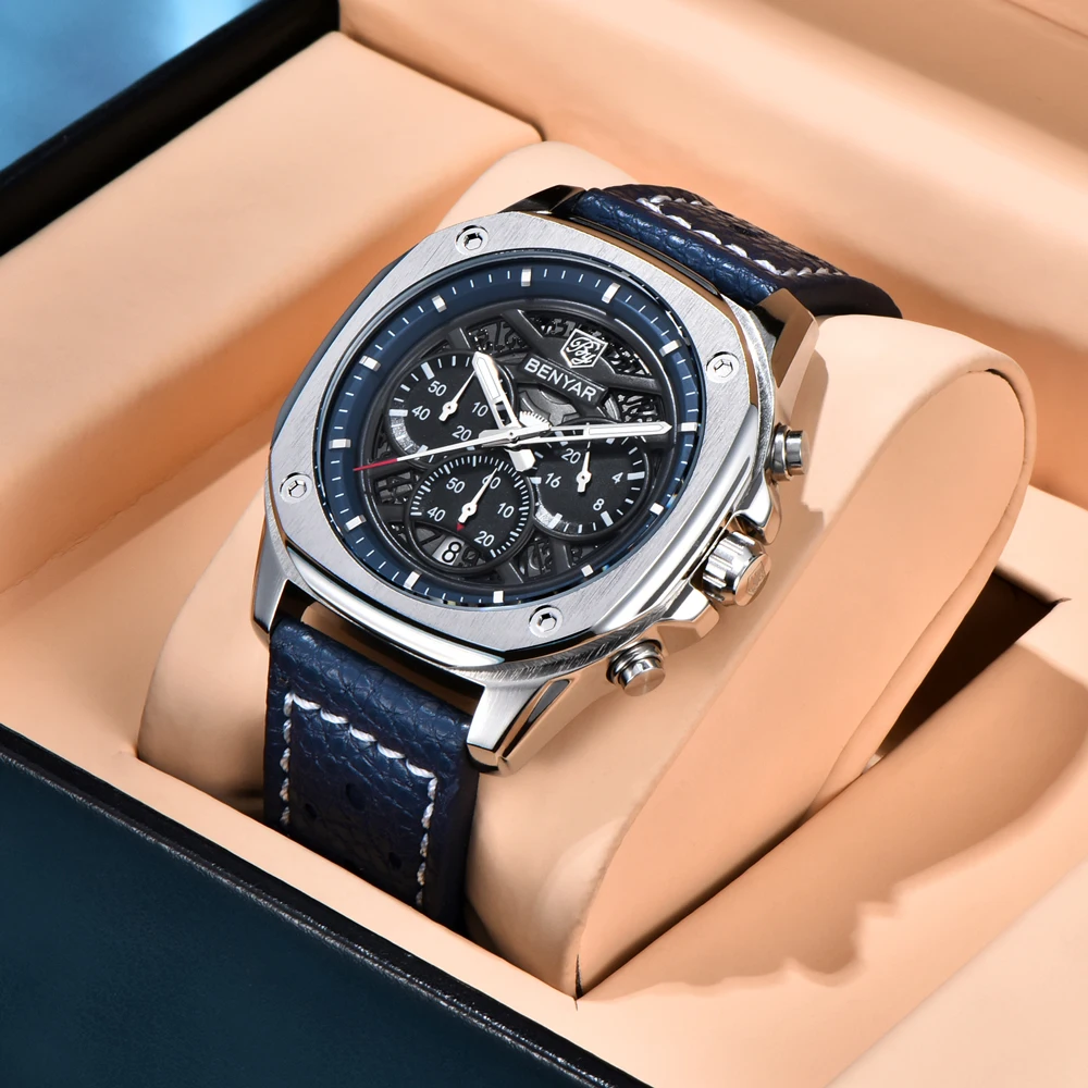 

BENYAR 5222 Brand New Men Watch Top Luxury Quartz Men's Chronograph Waterproof Night Light Sports Leather Watches for Man Reloj