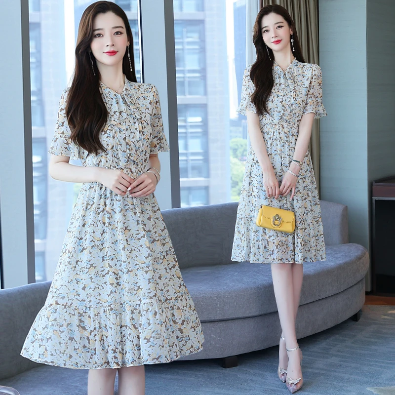 New Dress Woman Clothes Vestidos Floral Dress Chiffon Long Dresses With Sleeves V-Neck Youthful Woman Clothes Romance Beach