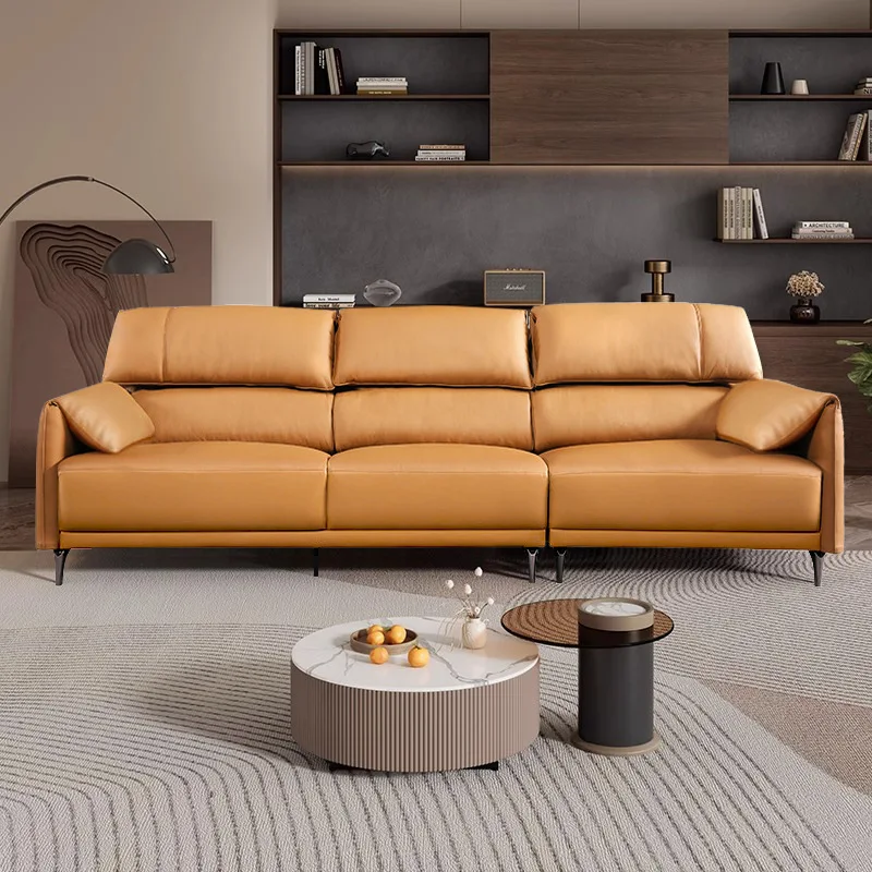 Italian minimalist first-layer cowhide sofa small apartment living room leather sofa elephant ear pole high-back down sofa