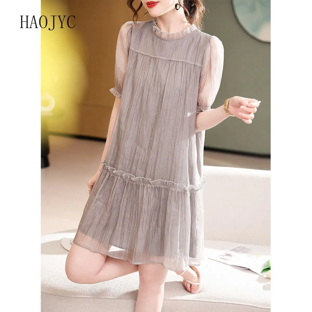 

2025 summer new fashion Korean version of thin casual French short-sleeved straight dress women