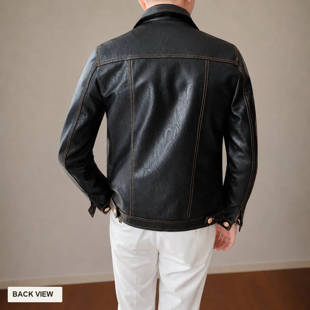 Men's Faux Leather Jacket Long Sleeves Turn Down Collar Single Breasted Button Front Slim Fit Casual Autumn Winter Outerwear