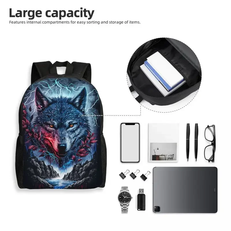 Mochila lobo animal para mulheres e homens, Saco impermeável da escola universitária, Imprimir Bookbag