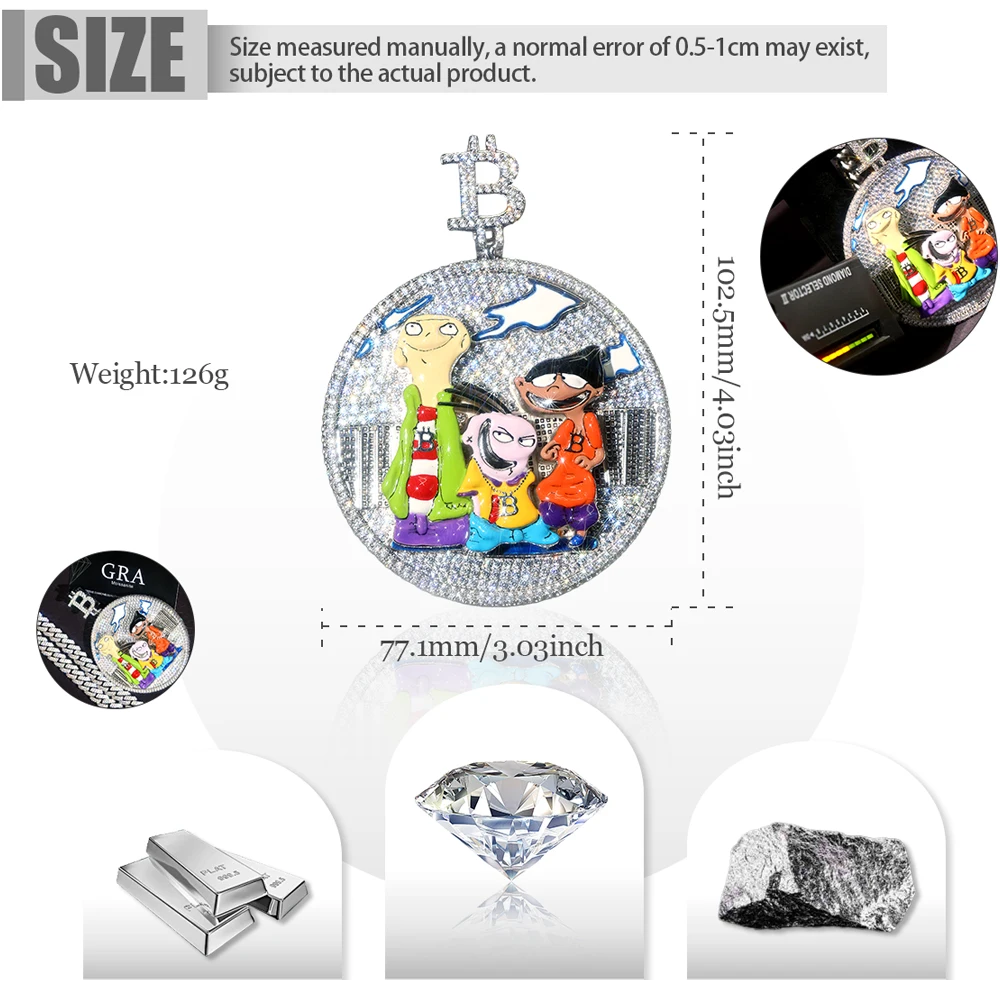 18K Gold Plated Iced Out Cartoon Character Round Pendant Cubic Zirconia Cuban Chain Hip Hop Enamel Cartoon Charm Bling Rapper Streetwear Jewelry Club Party Fine Jewelry Gifts for Men Boy Friends CZ Covered with Diamonds Men's Statement Necklace Accessory