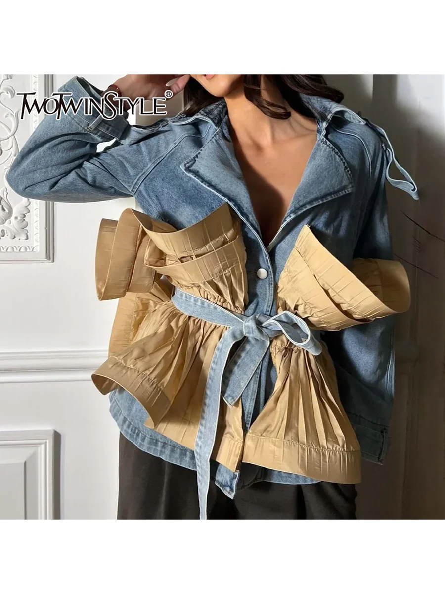 

TWOTWINSTYLE Hit Color Spliced Lace Up Cowboy Jackets for Women Lapel Long Sleeves Patchwork Ruffles Fashion Jacket Female New