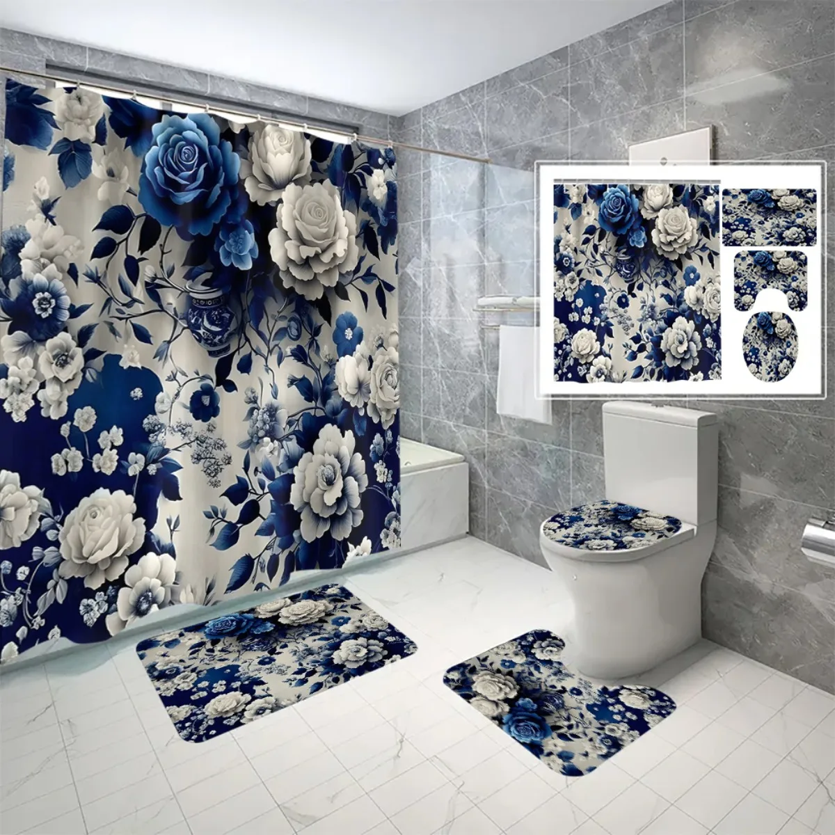 

4pc Blue and white floral patterned bathroom set including shower curtain, U-shaped floor mat non-slip mat and toilet seat cover
