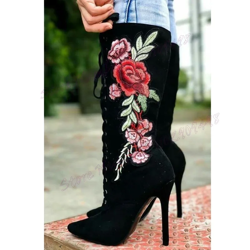 

Black Flower Embroidery Decor Ankle Boots Pointed Toe Shoes for Women Thin High Heels Sexy Lady Shoes 2025 Zapatos Para Mujere