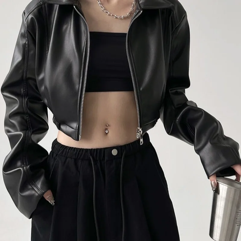 American Vintage Jackets Pu Leather Solid Color Long Sleeve Zipper Coats Y2k Punk Gothic Crop Tops Spring Autumn Women Clothing