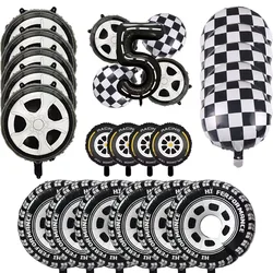 Racing Car Balloon Toy for Boys, Checkered Wheel Balloon, Racing Track, Racing Theme, Birthday Party Decoration, Preto e branco