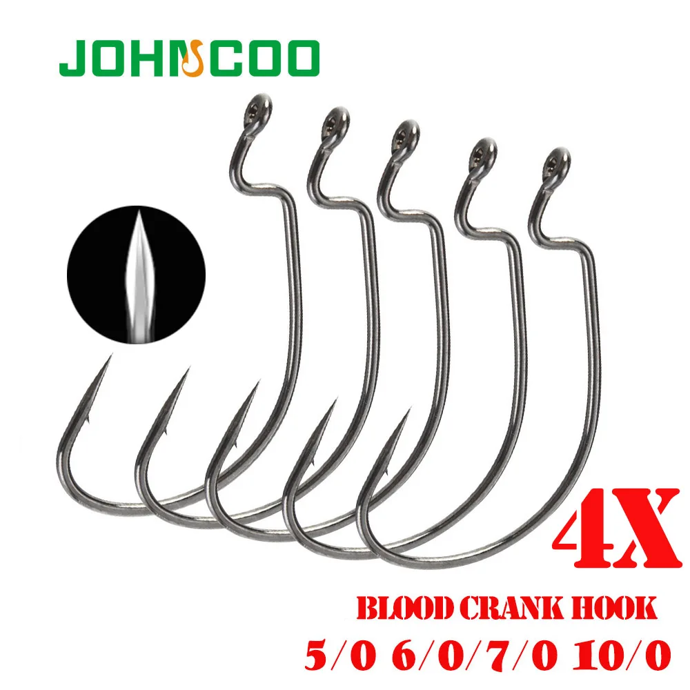 JOHNCOO 10pcs 4X Blood Fishing Hook Carbon Steel Wide Crank Hook Offset Fishhook Soft Worm Barbed Hook Carp Fishing Hooks