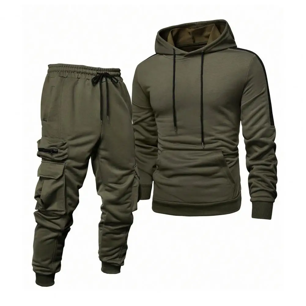 

2Pcs/Set Men Tracksuit Hooded Drawstring Autumn Winter Sweatshirt Multi Pocket Sweatpants Set Ribbed Cuffs Jogging Suit