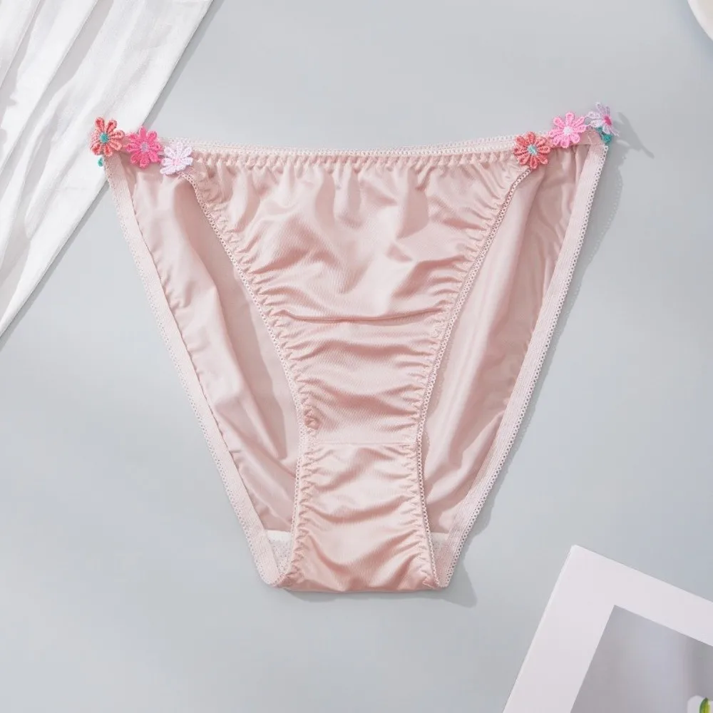 Einfache, niedrig geschnittene Satin-Seiden-Slips, Unterhosen mit Baumwoll-Zwickel, Blumenmuster, atmungsaktive Damenunterwäsche – Detail 4
