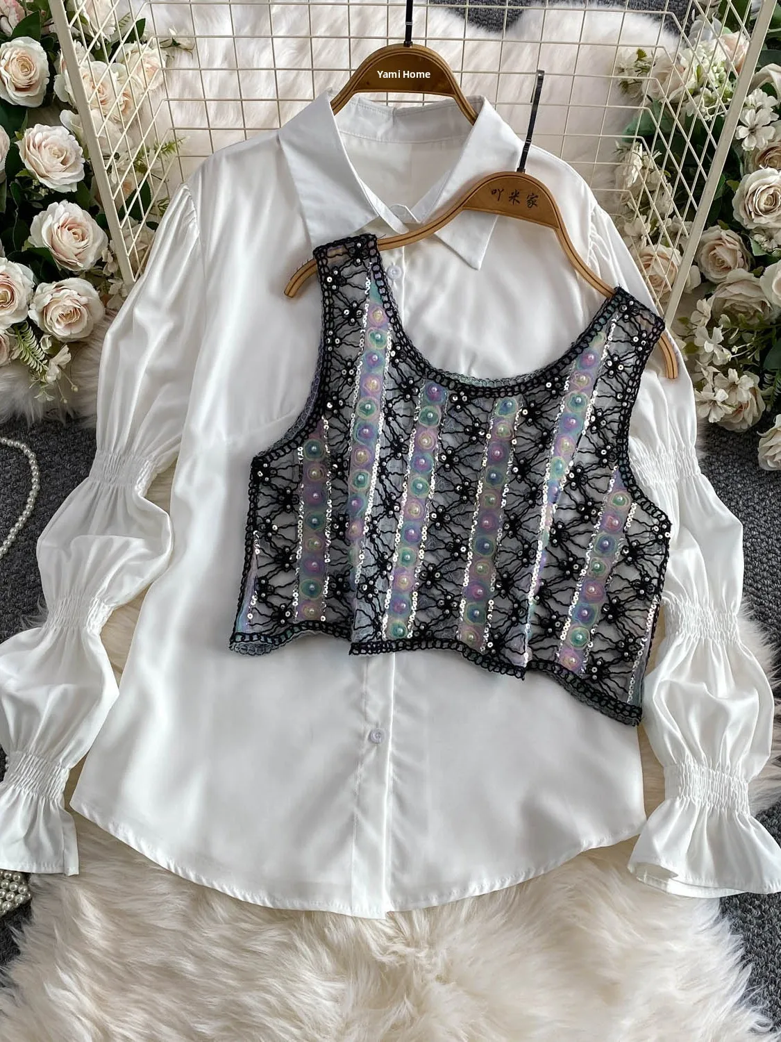 Elegant Gradient Color Mesh Lace Beaded Vest Top Lantern Sleeve Blouse Commute Style Women's Fashion Summer Shirt