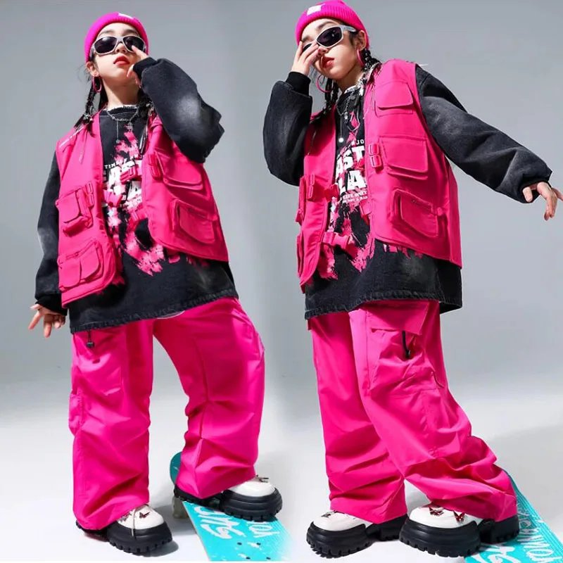 Hip Hop Girls Pink Jacket Vest Cargo Pants Boys Street Dance Oversize Pullover Kids Showing Streetwear Child Jazz Clothes Set