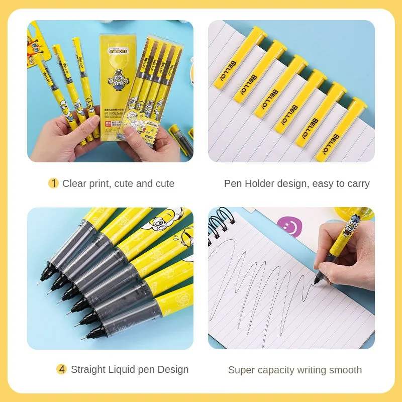 4pcs Minions Gel Pens Black Quick Drying Needle Type Straight Liquid Ballpoint Cartoon Funny Writing Exam Cute School Stationery