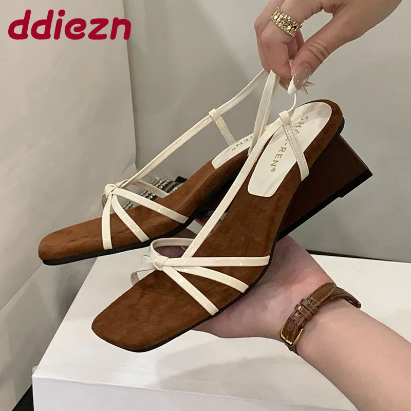 

New 2025 Fashion Wedges Elegant Women Heeled Sandals Shoes Female Slides Footwear Square Toe Ladies Heeled Sandals Shoes Pumps