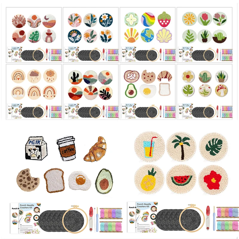 

6Pcs Plant Pattern Punch Needle Coaster Kit For Beginners Handmade Embroidery Set DIY Craft Round Cup Mat Drink Coasters Gift