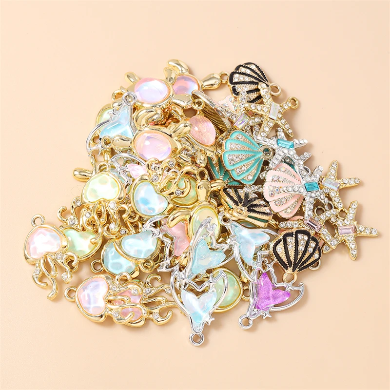 20pcs Cute Crystal Marine Life Turtle Shell Fish Tail Charms Pendants for Jewelry Making Earrings Necklaces DIY Crafts Supplies