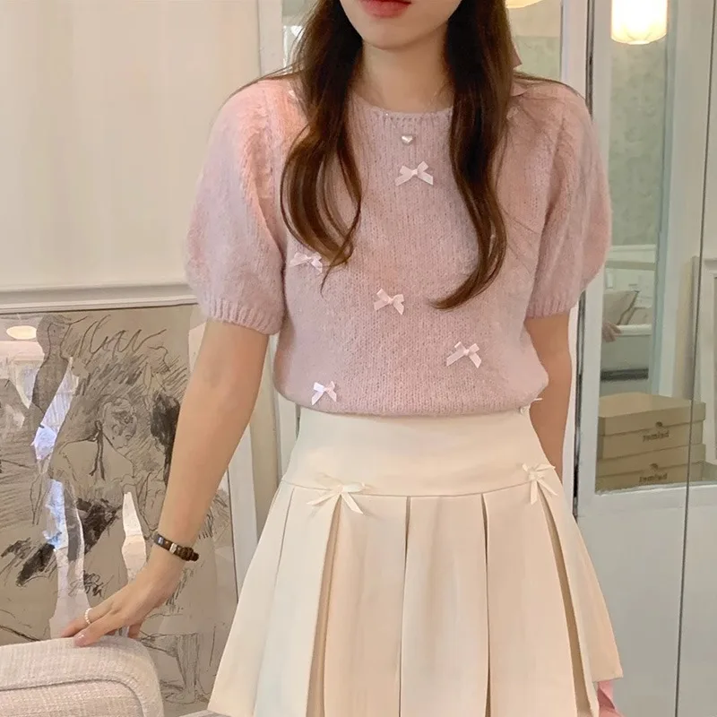 Women Korean Spring Summer Round Neck Bow Decoration Sweet and Fashionable Versatile Knitted Short Sleeve Pullover Top