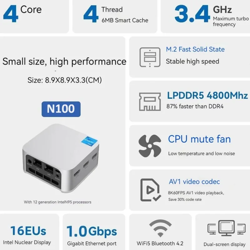 FIREBAT T8 Pro Intel N100 كمبيوتر صغير يعمل بنظام التشغيل Windows 11 16GB DDR5 512GB SSD منفذ جيجابت إيثرنت مزدوج WIFI5 BT4.2 4K HD كمبيوتر متعدد الوظائف